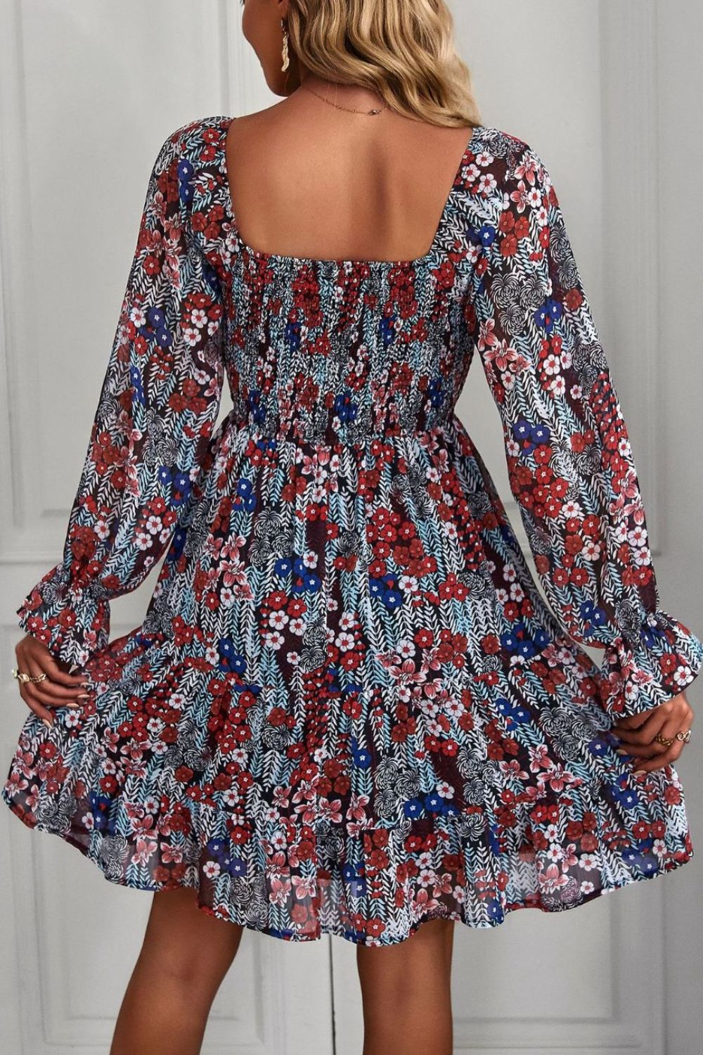 Floral Long Flounce Sleeve Square Neck Dress - Runway Frenzy