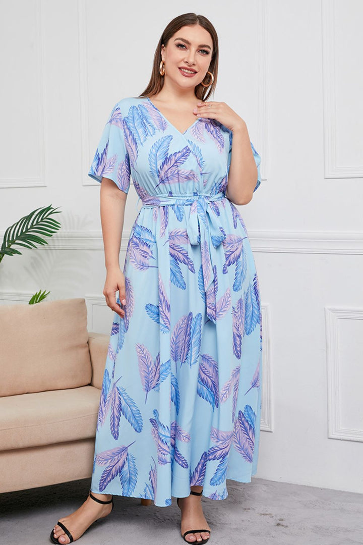 Plus Size Printed Surplice Short Sleeve Maxi Dress - Runway Frenzy 