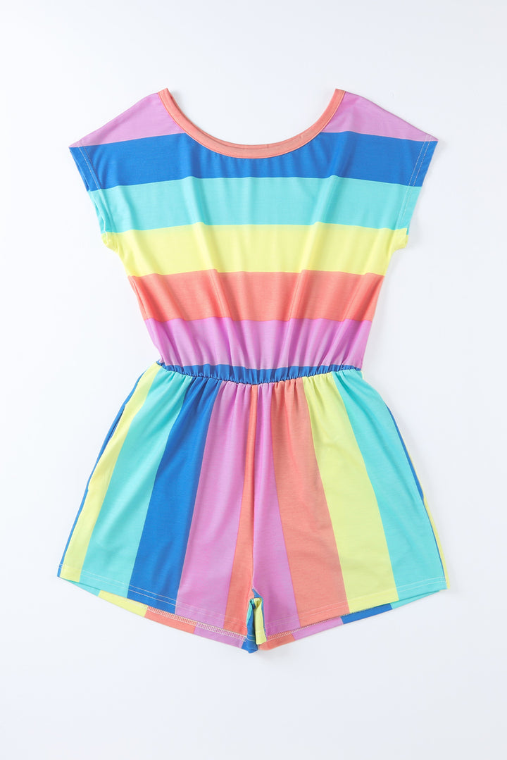 Multicolored Stripe Round Neck Romper - Runway Frenzy 