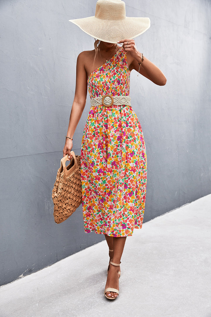 Floral Smocked One-Shoulder Midi Dress - Runway Frenzy