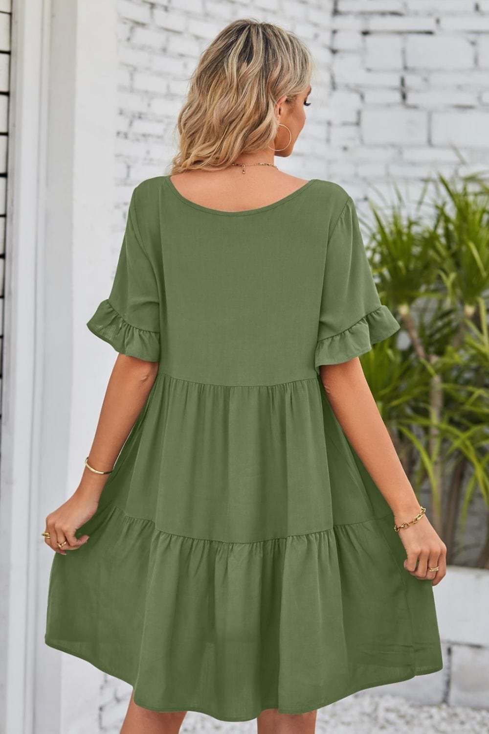 V-Neck Flounce Sleeve Tiered Dress - Runway Frenzy 