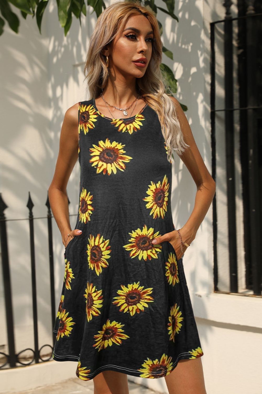 Printed Round Neck Sleeveless Dress with Pockets - Runway Frenzy 