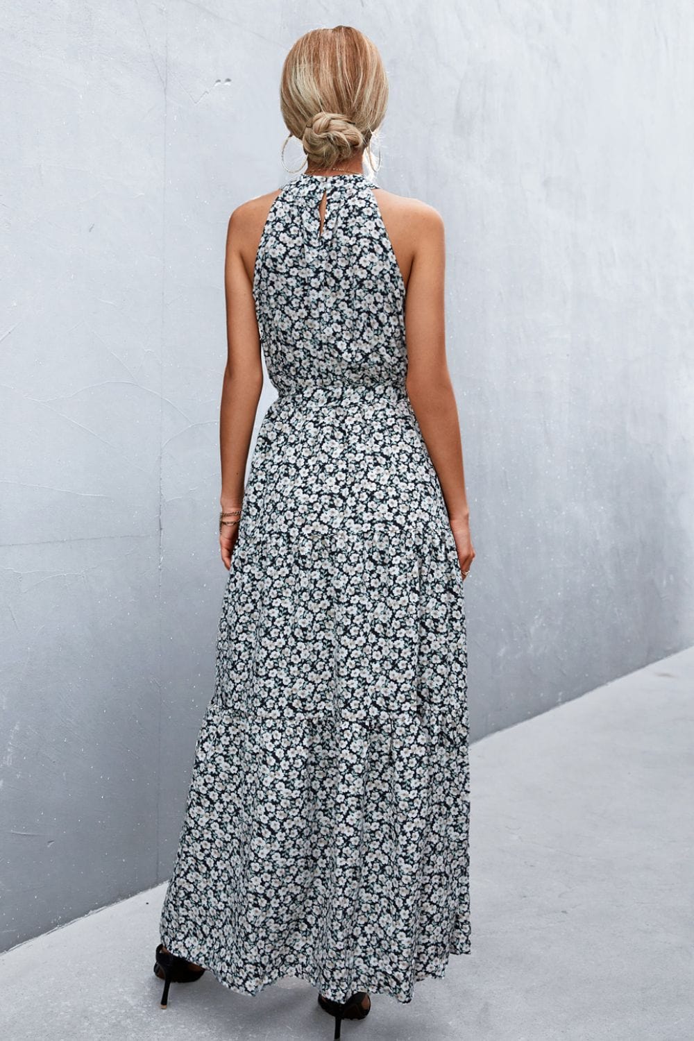 Printed Sleeveless Tie Waist Maxi Dress - Runway Frenzy 