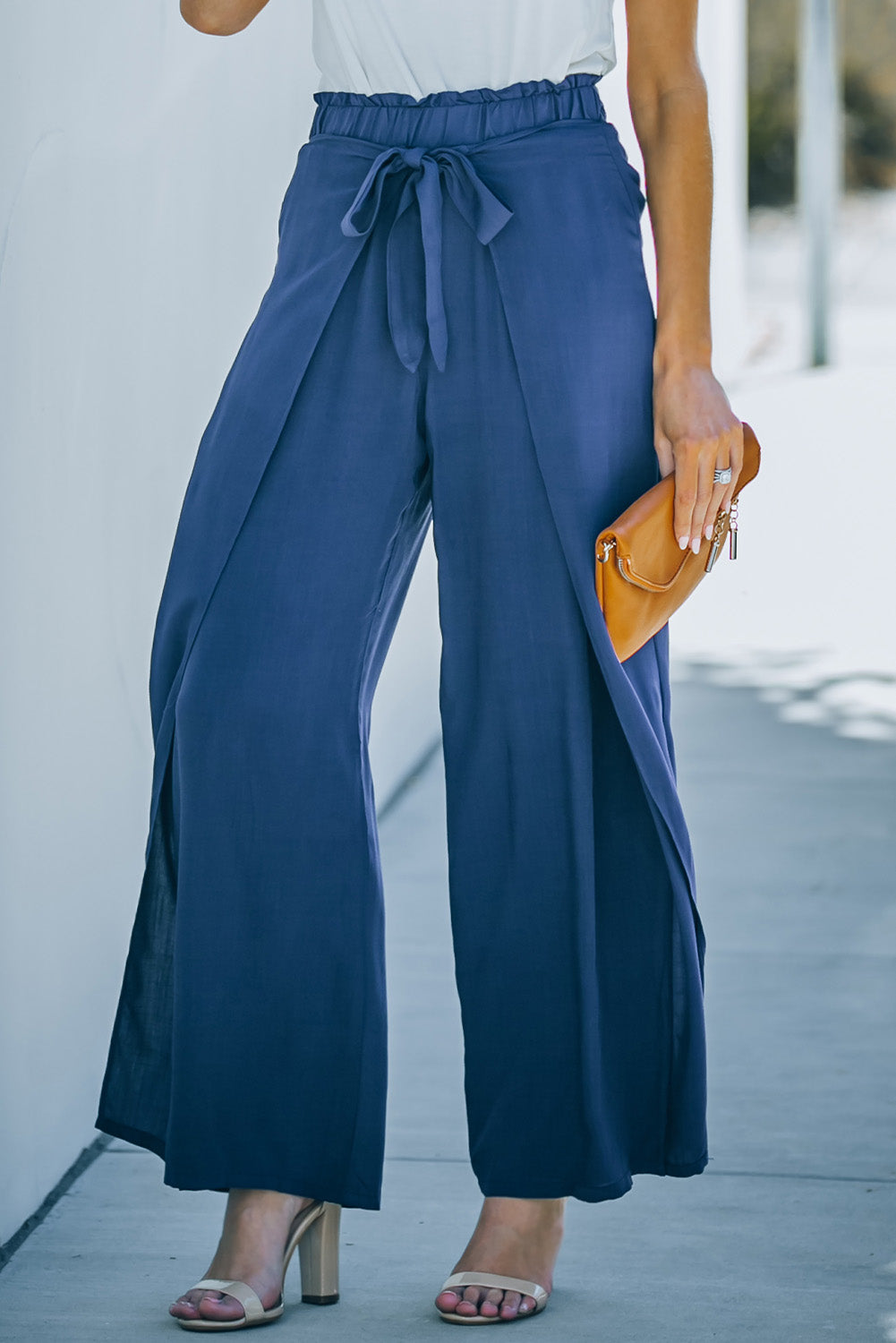 Paperbag Waist Tie Front Wide Leg Pants - Runway Frenzy 