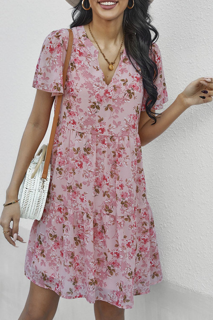 Floral Notched Flutter Sleeve Mini Dress - Runway Frenzy