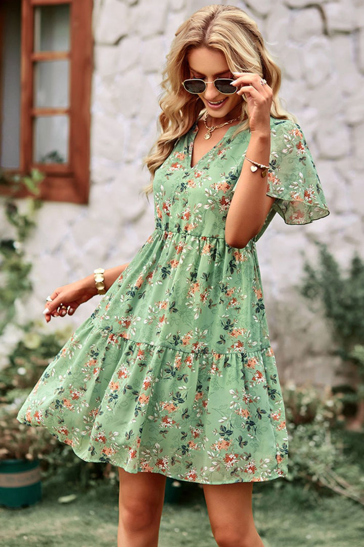 Floral Notched Flutter Sleeve Mini Dress - Runway Frenzy