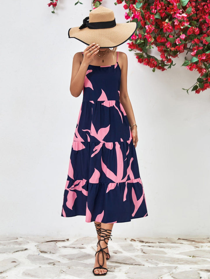 Printed Spaghetti Strap Tiered Midi Dress - Runway Frenzy