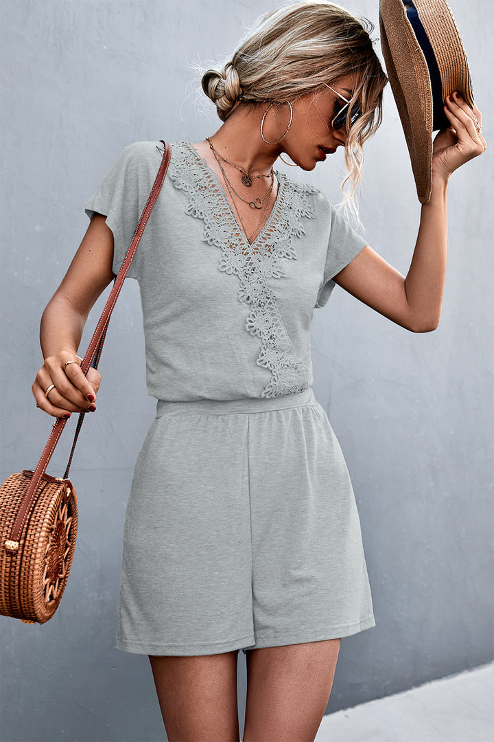 Lace Trim V-Neck Romper - Runway Frenzy 