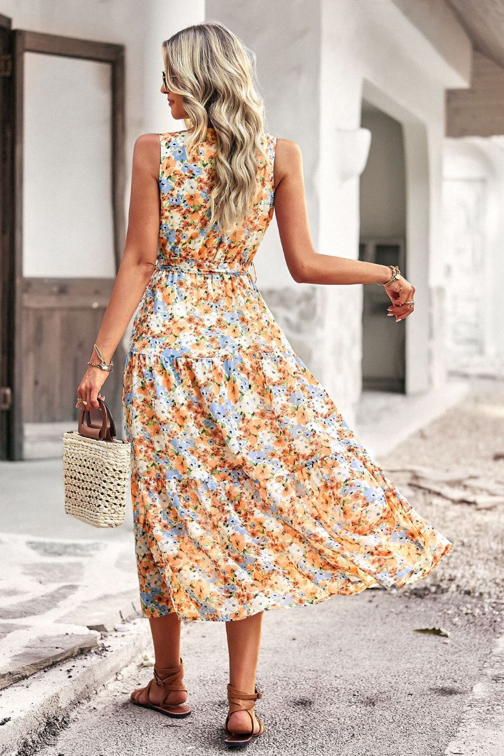 Floral Belted Surplice Sleeveless Tiered Dress - Runway Frenzy