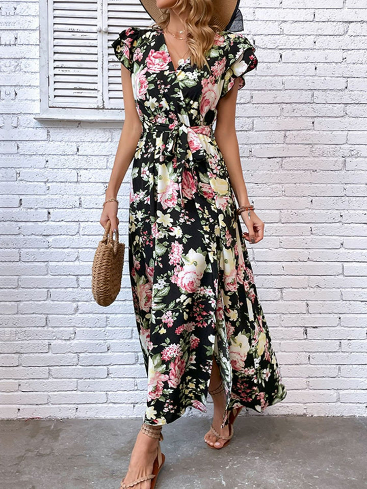 Floral Flutter Sleeve Tie-Waist Split Dress - Runway Frenzy