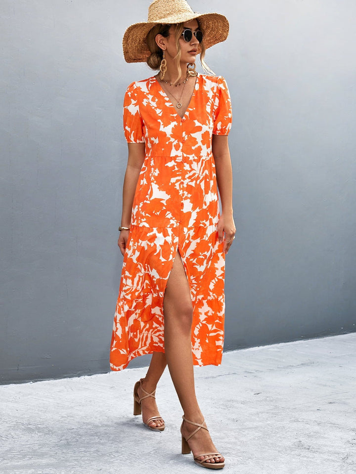 V-Neck Short Sleeve High Slit Midi Dress - Runway Frenzy 