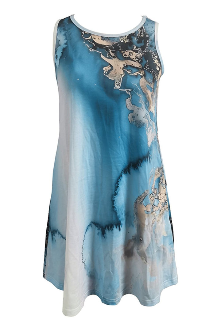 Abstract Print Round Neck Sleeveless Dress with Pockets - Runway Frenzy