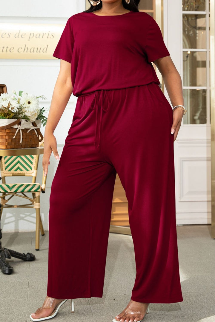 Plus Size Drawstring Waist Short Sleeve Jumpsuit - Runway Frenzy 