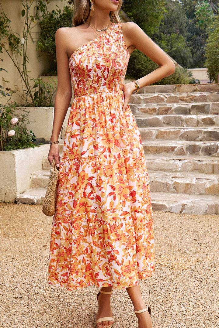 Floral One-Shoulder Sleeveless Dress with Pockets - Runway Frenzy