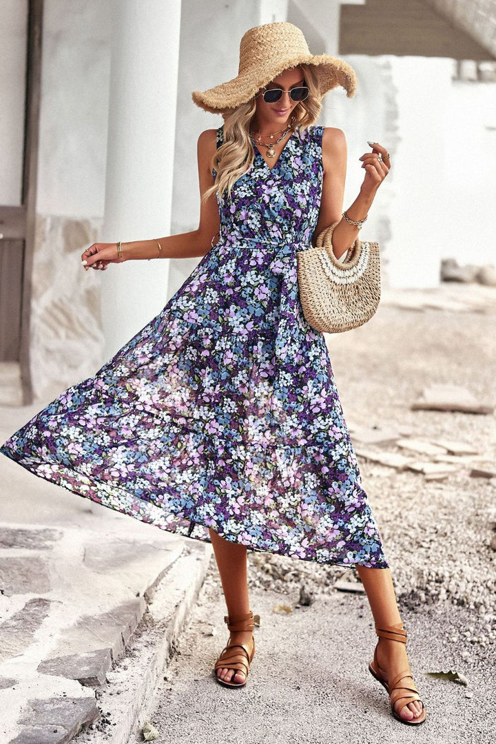 Floral Belted Surplice Sleeveless Tiered Dress - Runway Frenzy