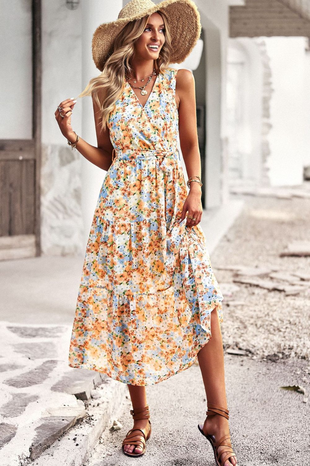 Floral Belted Surplice Sleeveless Tiered Dress - Runway Frenzy