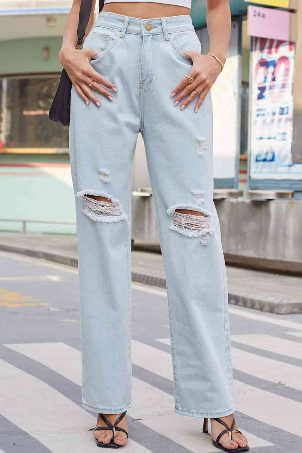 Baeful Distressed Straight Leg Jeans with Pockets Trendsi