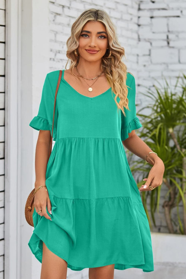 V-Neck Flounce Sleeve Tiered Dress - Runway Frenzy 