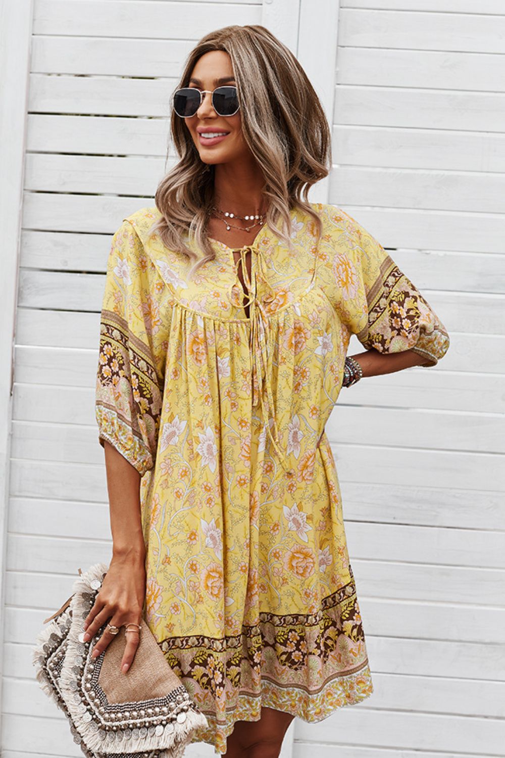 Bohemian Tie Neck Mini Dress - Runway Frenzy