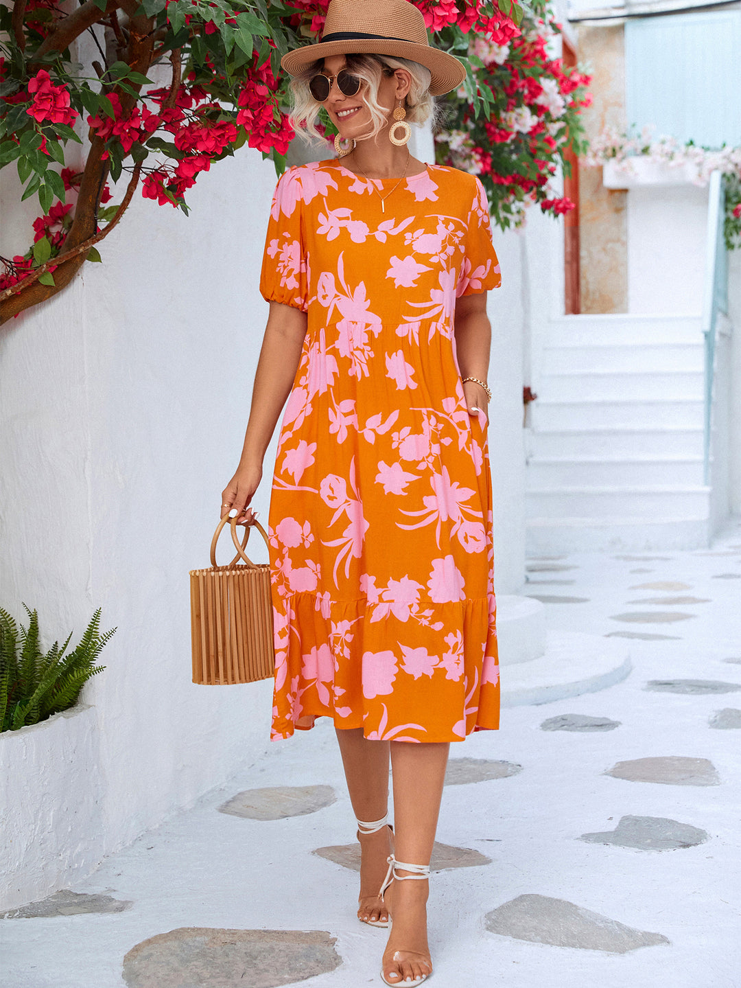 Floral Puff Sleeve Ruffle Hem Midi Dress - Runway Frenzy