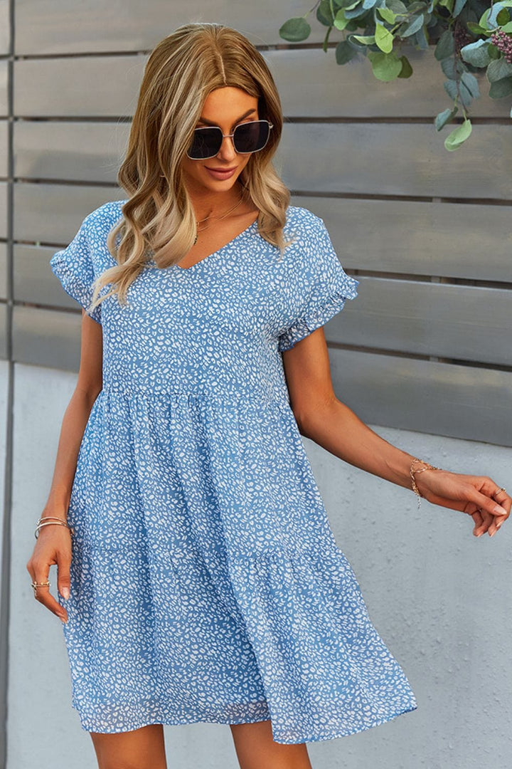 Printed V-Neck Short Sleeve Tiered Dress - Runway Frenzy