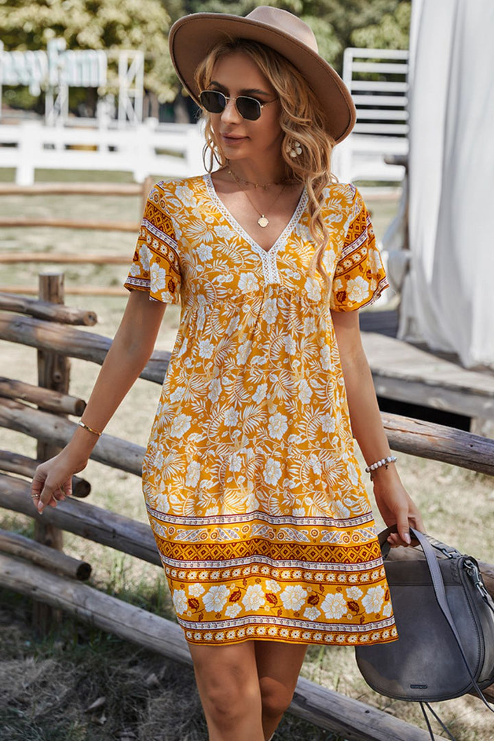 Bohemian V-Neck Short Sleeve Dress - Runway Frenzy