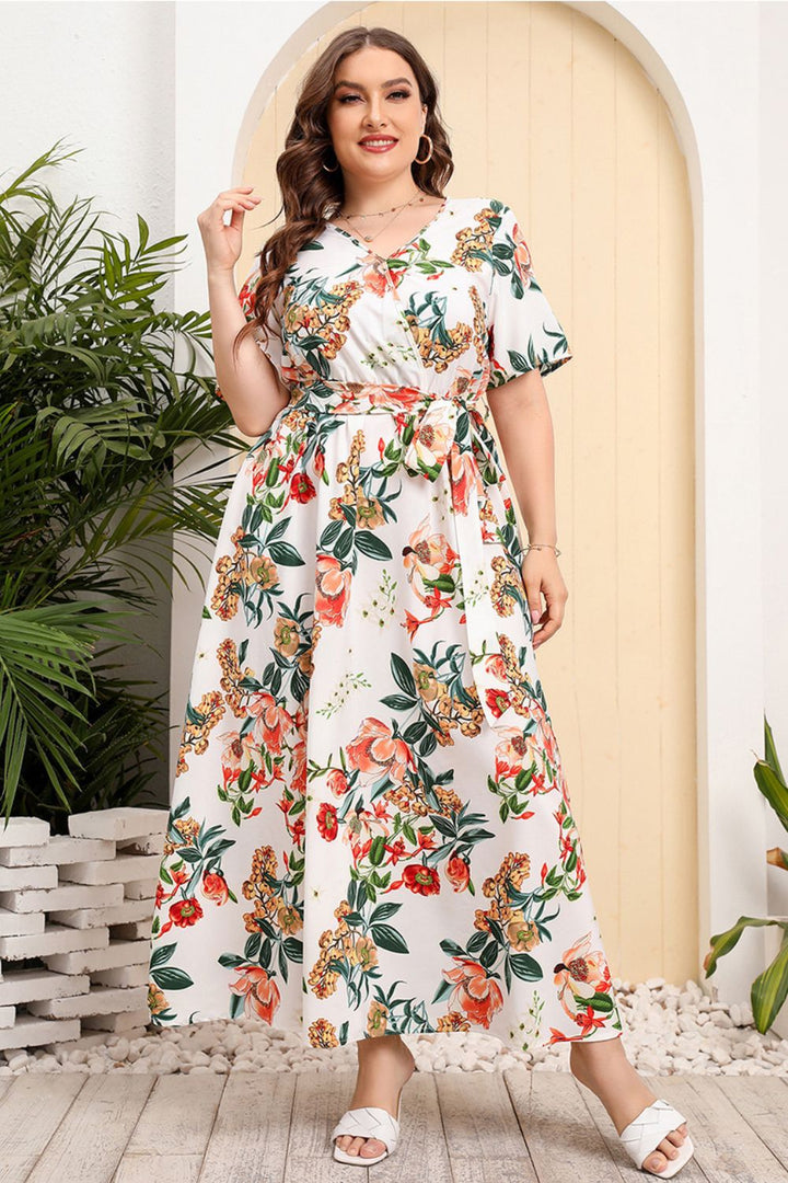 Plus Size Printed Surplice Short Sleeve Maxi Dress - Runway Frenzy 