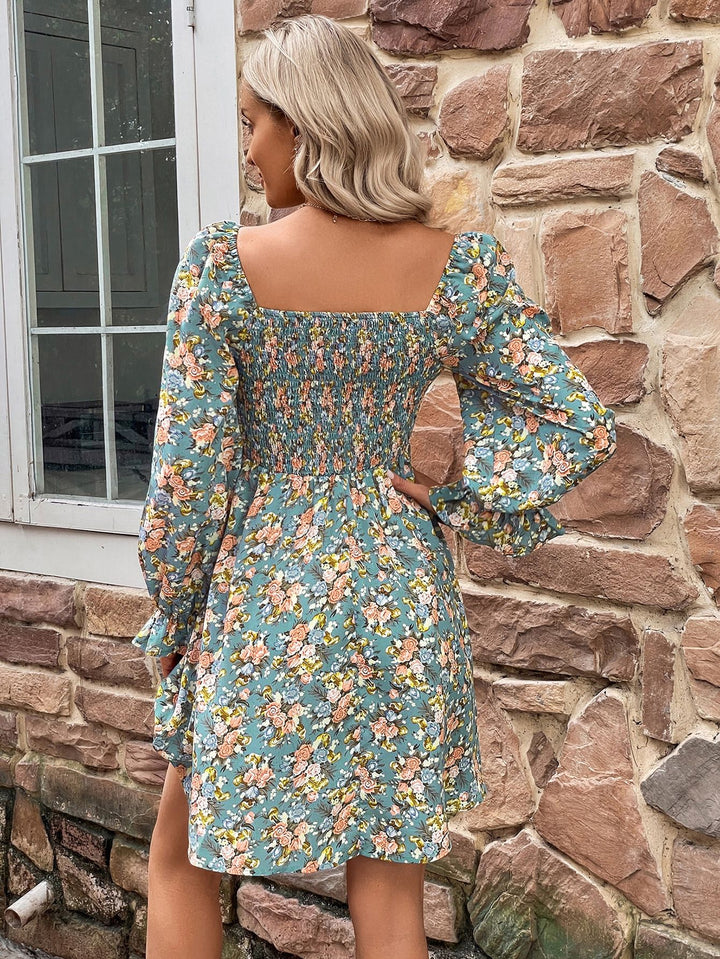 Floral Smocked Flounce Sleeve Square Neck Dress - Runway Frenzy