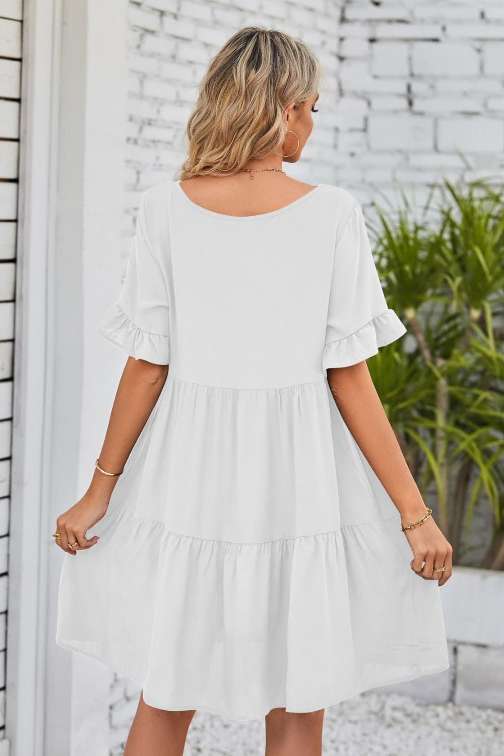 V-Neck Flounce Sleeve Tiered Dress - Runway Frenzy 