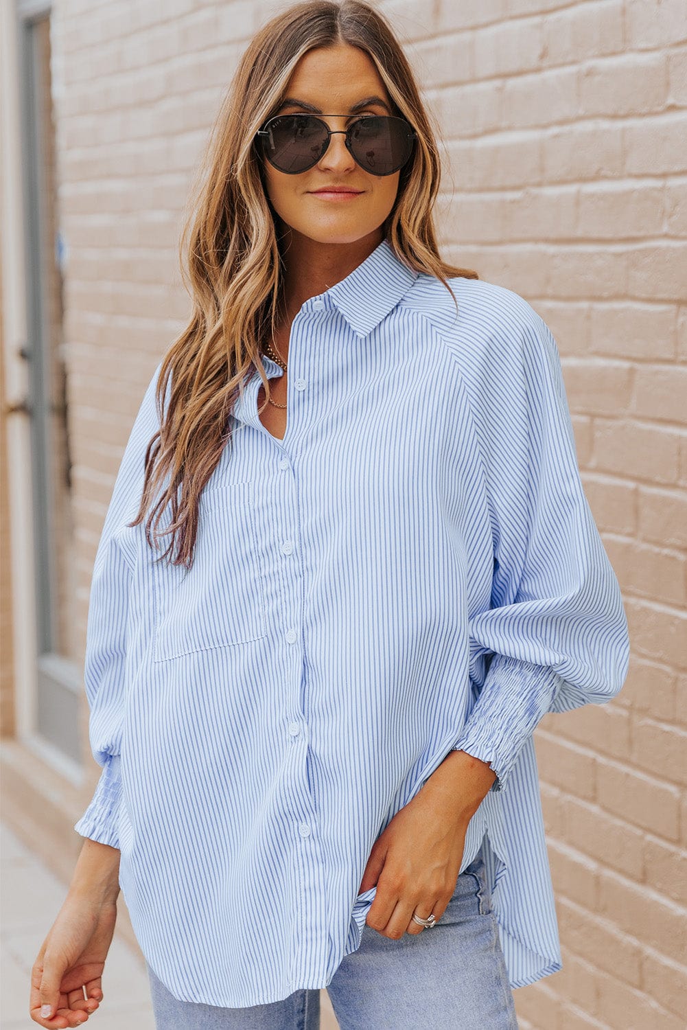 Striped Lantern Sleeve Collared Shirt - Runway Frenzy 