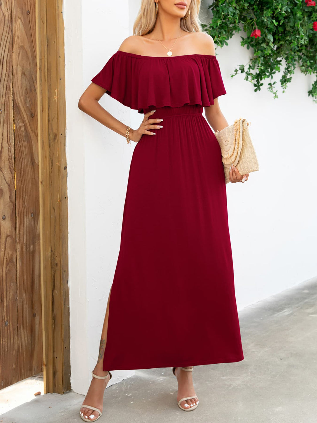 Off-Shoulder Slit Maxi Dress - Runway Frenzy 