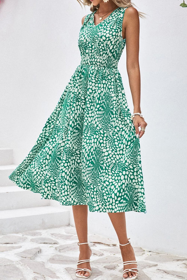 Printed V-Neck Sleeveless Dress - Runway Frenzy