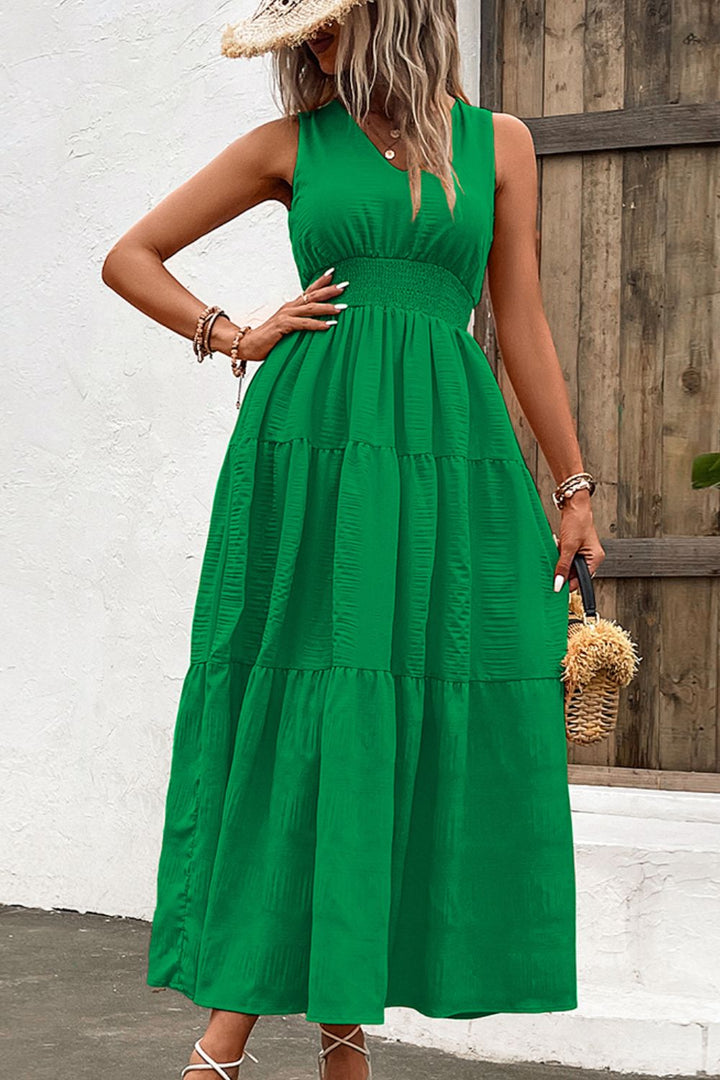 V-Neck Smocked Waist Sleeveless Tiered Dress - Runway Frenzy 