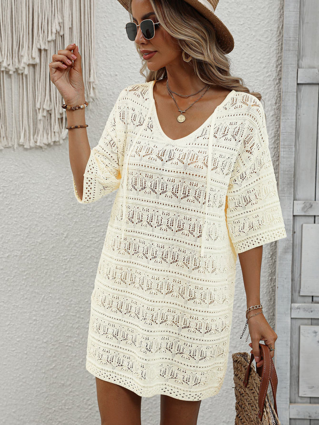 Openwork V-Neck Mini Knit Dress - Runway Frenzy 