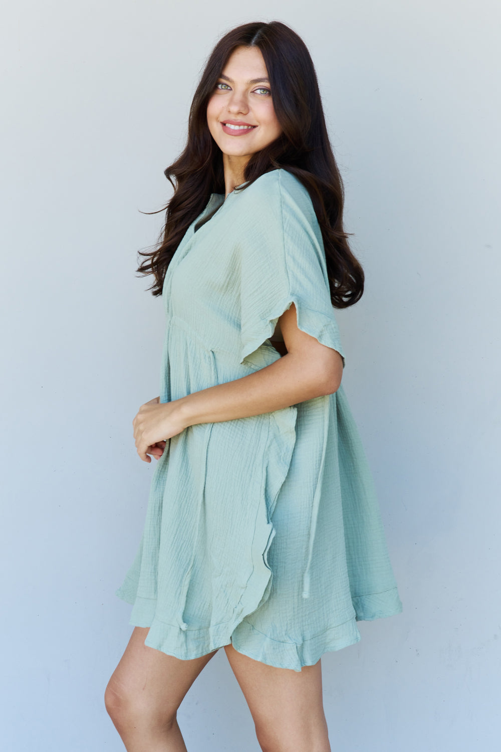 Ninexis Out Of Time Full Size Ruffle Hem Dress with Drawstring Waistband in Light Sage - Runway Frenzy 