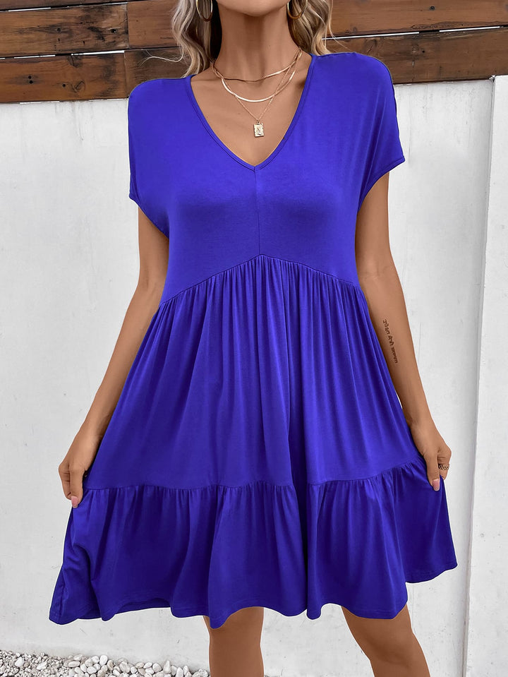 V-Neck Short Sleeve Dress with Pockets - Runway Frenzy 