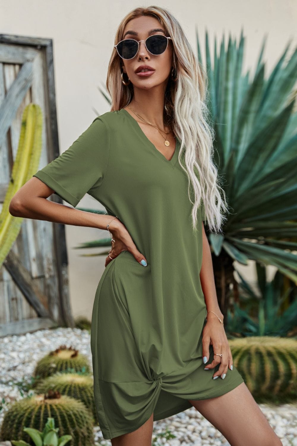 Twisted V-Neck Short Sleeve Dress - Runway Frenzy 