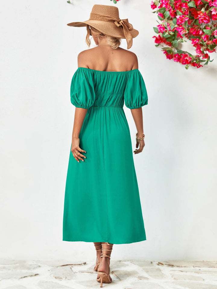 Off-Shoulder Balloon Sleeve Midi Dress - Runway Frenzy 