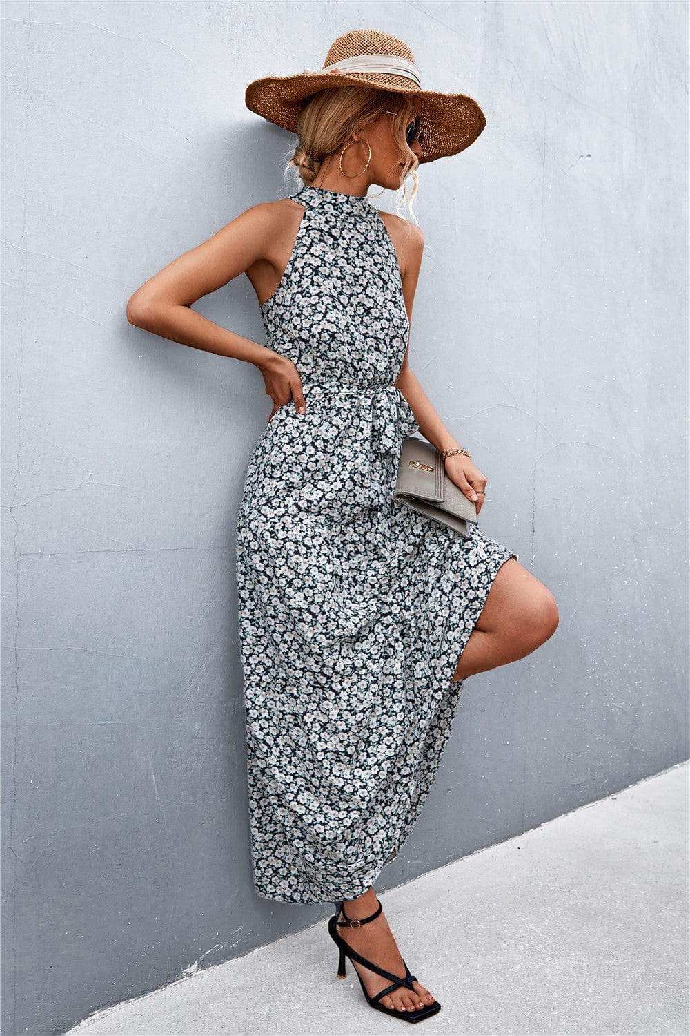 Printed Sleeveless Tie Waist Maxi Dress - Runway Frenzy 