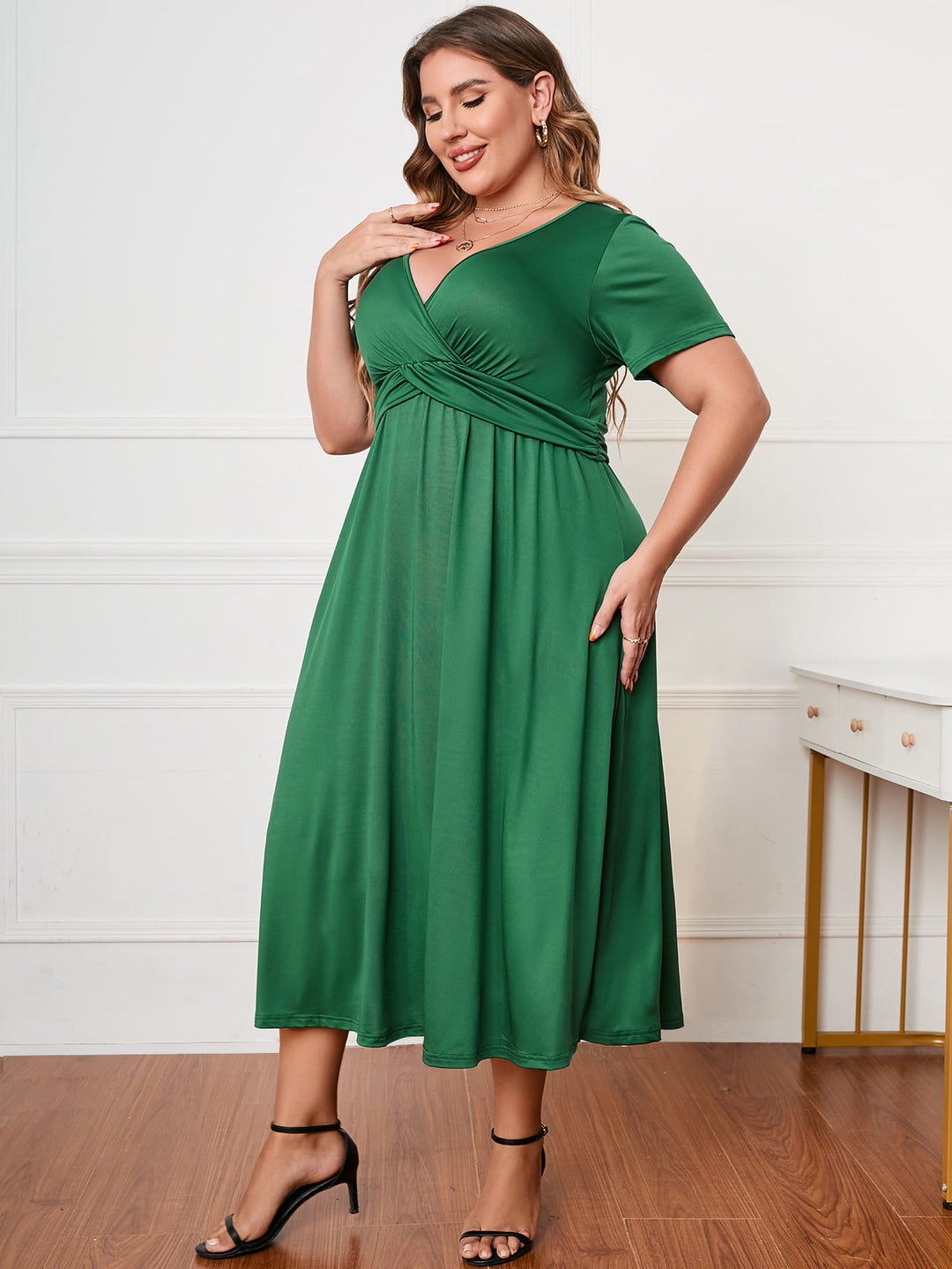 Plus Size Short Sleeve Surplice Neck Midi Dress - Runway Frenzy 