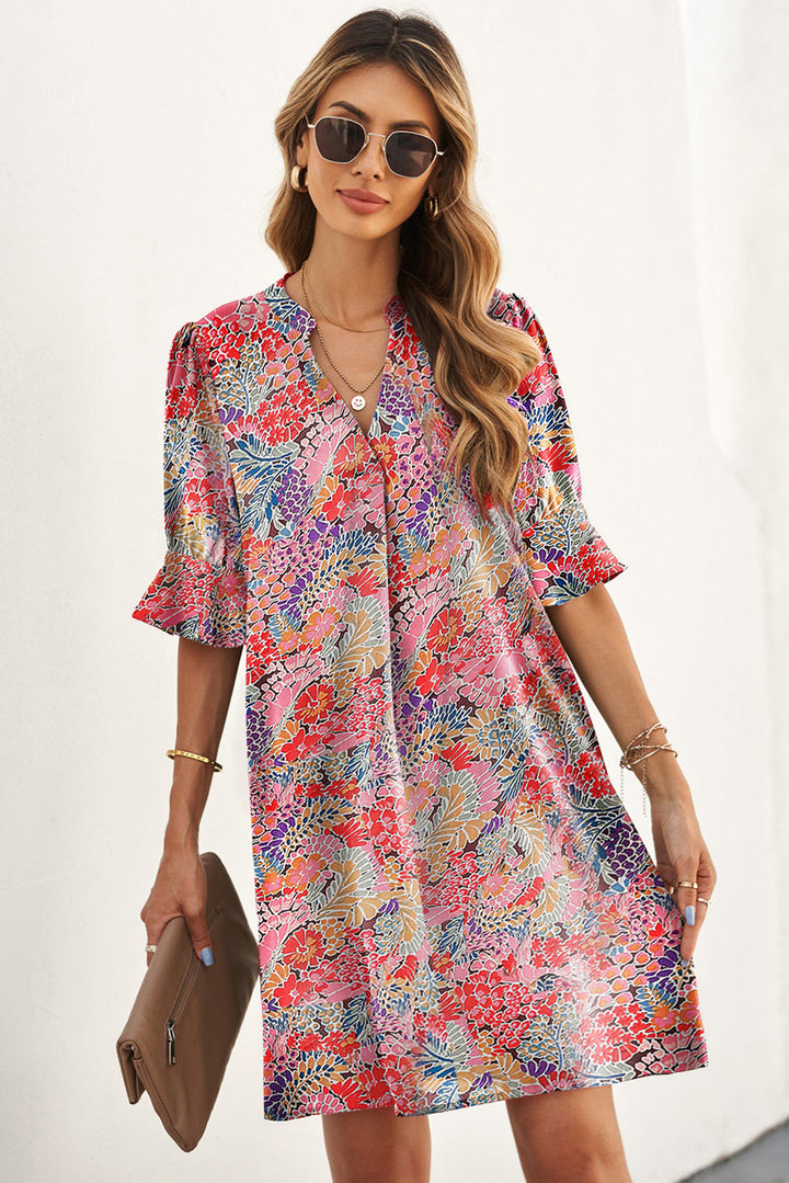 Floral Notched Neck Flounce Sleeve Shift Dress - Runway Frenzy