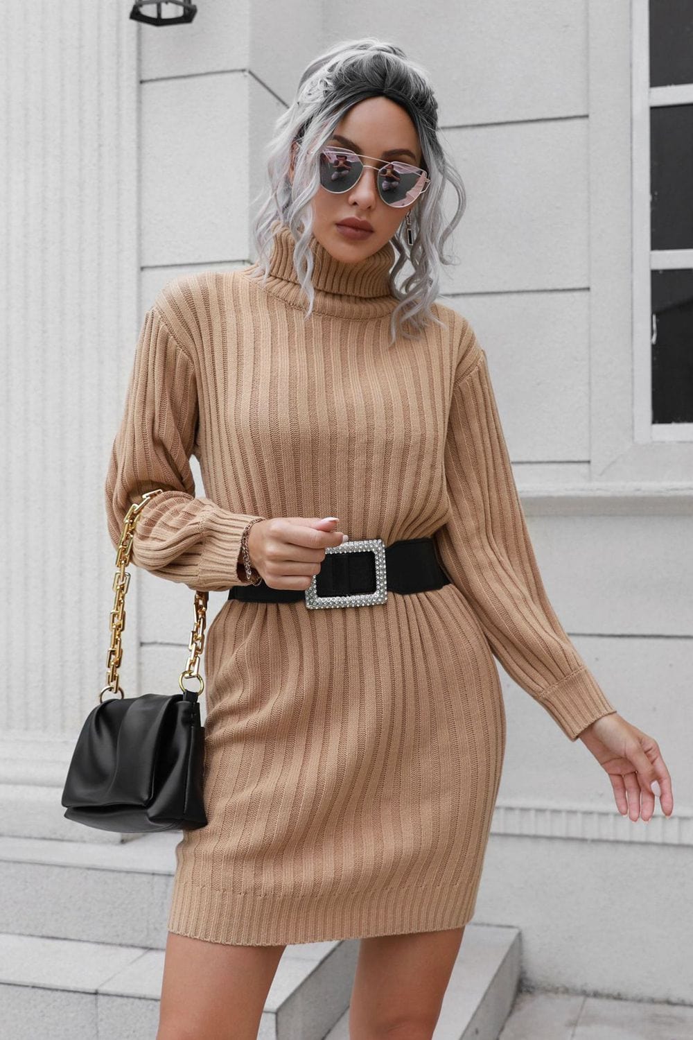 Ribbed Turtle Neck Long Sleeve Mini Sweater Dress - Runway Frenzy 