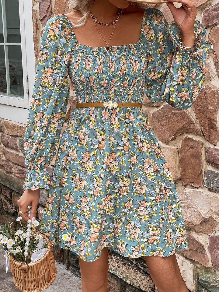 Floral Smocked Flounce Sleeve Square Neck Dress - Runway Frenzy