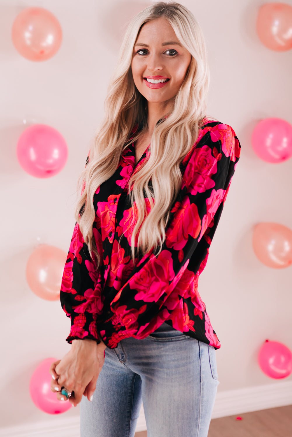 Floral Button Front Lantern Sleeve Shirt - Runway Frenzy