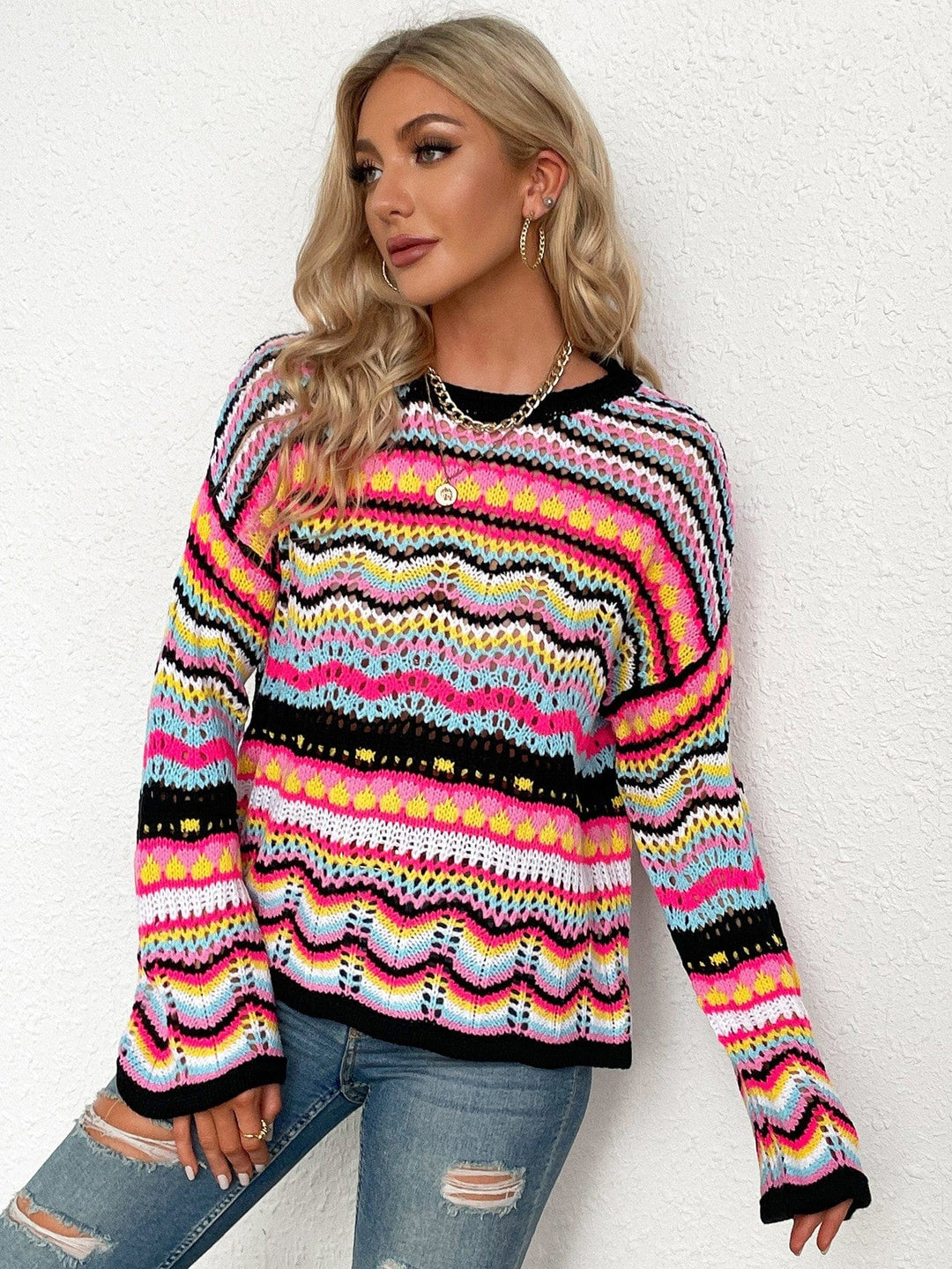 Rainbow Stripe Openwork Flare Sleeve Knit Top - Runway Frenzy 