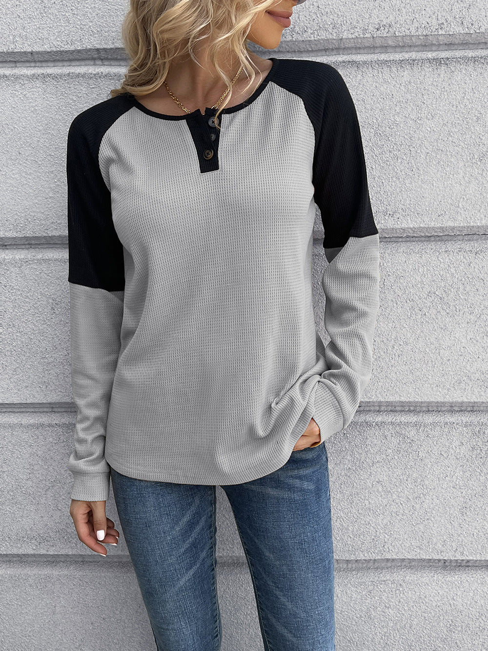 Contrast Buttoned Round Neck Raglan Sleeve Top - Runway Frenzy