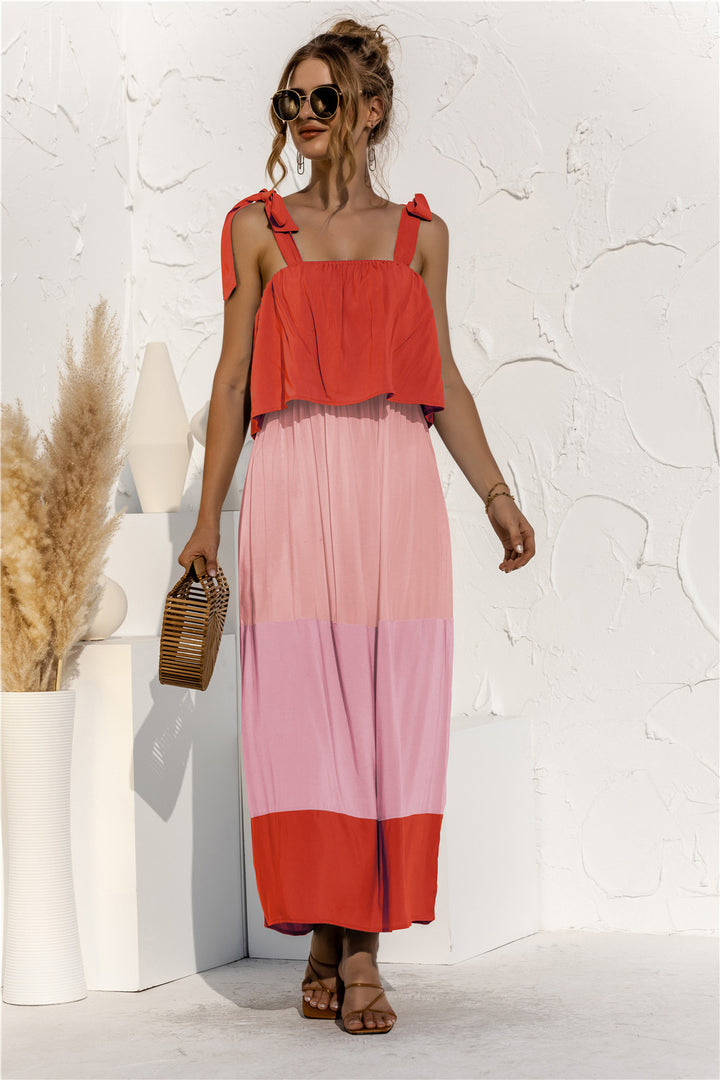 Color Block Tie Shoulder Tiered Sleeveless Dress - Runway Frenzy