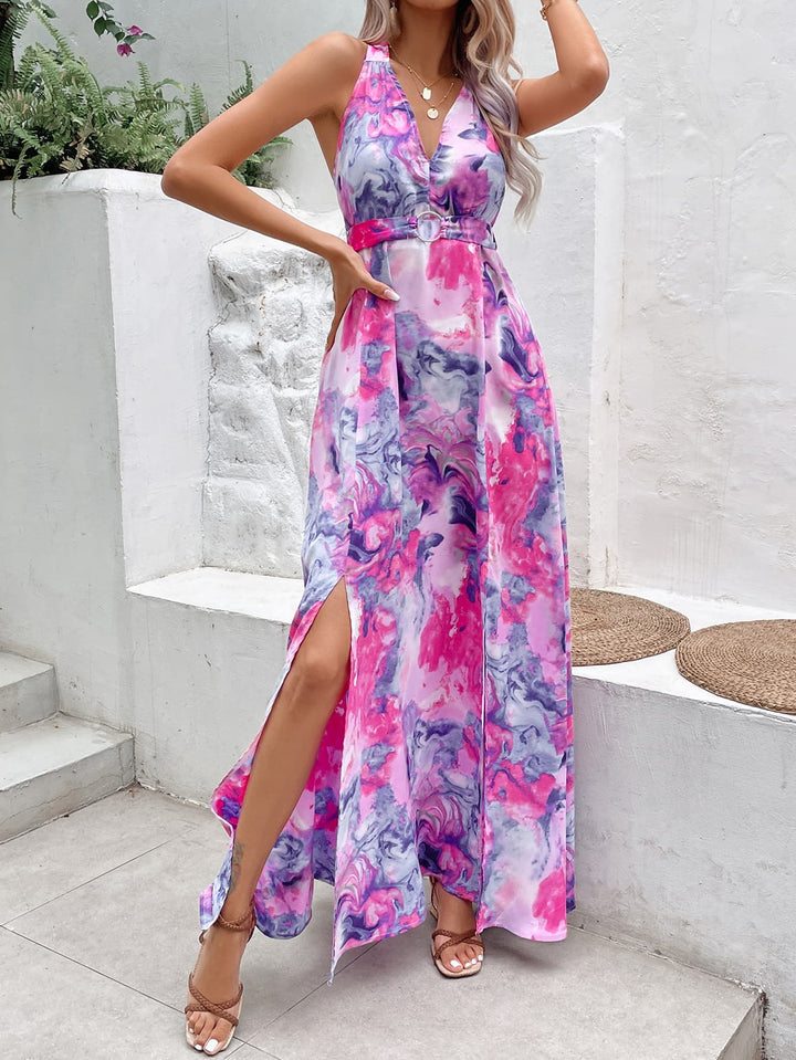 Printed Open Back Slit Sleeveless Dress - Runway Frenzy 