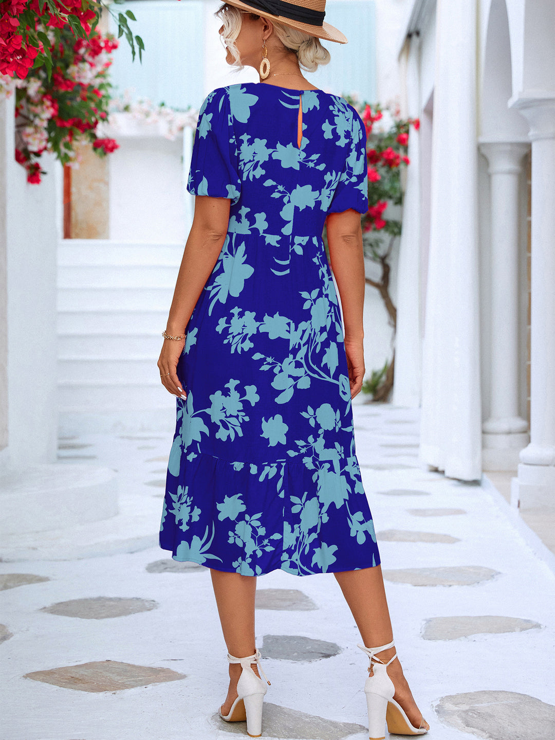 Floral Puff Sleeve Ruffle Hem Midi Dress - Runway Frenzy