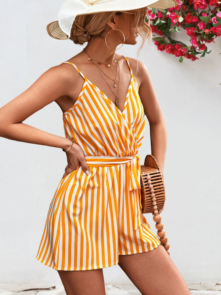 Striped Tie Waist Spaghetti Strap Romper - Runway Frenzy 